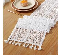 Outdoor Tablecloth， Christmas Table Runner Crochet Lace Cotton Blended Fabric Tassel(Table Runner D,24x240cm)