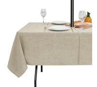Outdoor Tablecloth with Umbrella Hole - Patio Table Cloth Zippered Rectangle 60x84 Inch, Linen-Look Polyester Table Cover Water Resistant for Picnic Outside, Natural Color