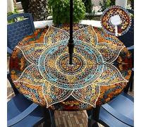 Outdoor Tablecloth with Umbrella Hole Waterproof Round Fitted Tablecloth with Elastic Zippered Wipeable Table Cloth Round Cover for Picnic, Patio,Garden (Brown, S-(36''-44''))