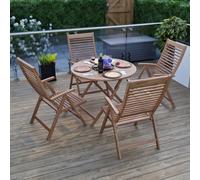 Outdoor Teak 5 Piece Dining Set With 4 Reclining Chairs And Round Table - Easy, Quick Assembly