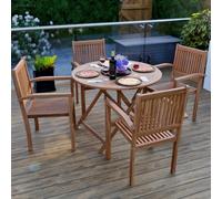 Outdoor Teak 5 Piece Dining Set With 4 Stacking Chairs And Round Table - Easy, Quick Assembly