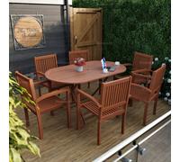 Outdoor Teak 7 Piece Dining Set With 6 Stacking Chairs And Oval Table - No Assembly Required