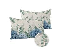 Outdoor Throw Pillow Covers Waterproof Pillow Cases 20x12In,Hydrangea Flower Eucalyptus Leaves Retro Linen Decorative Pillow Covers Cushion Cases for Couch Sofa Patio,2 Pack Pastoral Floral Art