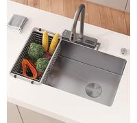 Outdoor Utility Kitchen Sink with Pull-Out Faucet, Water Purification, and LED Temperature Control for Convenient Cleaning and Hygiene
