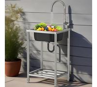 Outdoor Utility Sink Stainless Steel Commercial Sink Free Standing Kitchen Single Bowl with Hot and Cold Water taps and Storage Shelves for Restaurant,Laundry,Garage,Garden,Easy to Clean