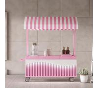 Outdoor Vending Cart with Striped Canopy and Wide Tabletop, High-Temperature Baked Paint and Thickened Canopy, Wrought Iron Construction for Outdoor Events, Street Food, and Markets