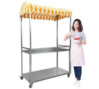 Outdoor Vending Cart with Wheels, Foldable Food Vendor Cart, Galvanised Sheet Material, Load Capacity, Striped Canopy,