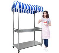 Outdoor Vending Cart with Wheels, Foldable Food Vendor Cart, Galvanised Sheet Material, Load Capacity, Striped Canopy,