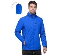 Outdoor Ventures Men's Lightweight Waterproof Jacket Windproof Rain Coats Pack Away Hooded Jackets Windbreaker for Camping Fishing Running Cycling Bright Blue L