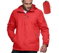 Outdoor Ventures Men's Lightweight Waterproof Jacket Windproof Rain Coats Pack Away Hooded Jackets Windbreaker for Camping Fishing Running Cycling Bright Red L