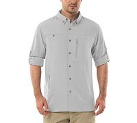 Outdoor Ventures Men's Long Sleeve Safari Shirt UV Protection Hiking Shirts Quick Drying Roll-Up Button Down Shirts with 3 Pockets for Walking Fishing Silver Grey L
