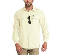 Outdoor Ventures Men's Long Sleeve Shirts UV Protection Outdoor Shirts Breathable Button-Down Shirt Wicking Quick Drying Safari Shirt with Pockets for Hiking Fishing Golfing, Light Yellow, XL