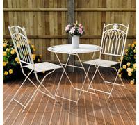 Outdoor Vintage Bistro Set, 2 Folding Chairs And Round Table - Ornate Wrought Iron Design, Fully Assembly, White Antique Finish