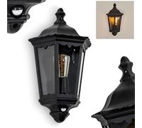 Outdoor Wall lamp Hong Kong with Motion Detector, Wall lamp in Antique Look Made of Metal/Glass in Black/Clear, Retro/Vintage Wall Light with E27 Socket, for Terrace/Yard/Entrance Area, Without Bulb