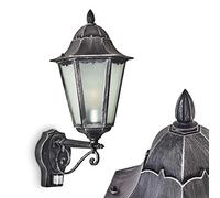 Outdoor Wall lamp Lignac Frost with Motion Detector, Wall lamp Upwards in Antique Look, cast Aluminium in Black/Silver with Frosted Glass panes, Wall lamp for Patio/Yard E27-socket, Without Bulb