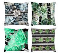 Outdoor Waterproof Cushion Cover 14x14in Set of 4 Green Flowers Cushion Covers 35x35cm With Invisible Zipper Home Decor Linen Pillow Cases for Outdoor Spring Summer Patio Living Room Sofa DecorA369
