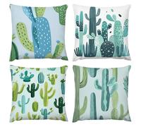 Outdoor Waterproof Cushion Cover 16x16in Set of 4 Green Cactus Cushion Covers 40x40cm With Invisible Zipper Home Decor Linen Pillow Cases for Outdoor Spring Summer Patio Living Room Sofa Decor A372