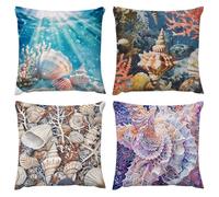 Outdoor Waterproof Cushion Cover 20x20in Set of 4 Marine conch Cushion Covers 50x50cm With Invisible Zipper Home Decor Linen Pillow Cases for Outdoor Spring Summer Patio Living Room Sofa Decor A199
