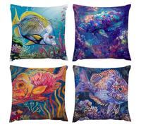 Outdoor Waterproof Cushion Cover 26 x 26 in Set of 4 Ocean Wind Fish Cushion Covers 65 x 65cm With Invisible Zipper Home Decor Linen Pillow Cases for Outdoor Summer Patio Living Room Sofa Decor A-207
