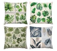 Outdoor Waterproof Cushion Cover 26x26in Set of 4 Green leaves Cushion Covers 65x65cm With Invisible Zipper Home Decor Linen Pillow Cases for Outdoor Spring Summer Patio Living Room Sofa Decor A371