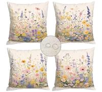 Outdoor Waterproof Cushion Covers 14x14inch,Colorful Flowers Cushion Covers Set of 4 Decorative Square Waterproof Linen Throw Pillow Covers for Outdoor Garden Bench Living Room Decor 35x35cm WT-348