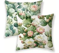 Outdoor Waterproof Cushion Covers 40 x 40 cm Green Cushion Covers Set of 2, Linen Decorative Square Pillowcase Cactus Throw Pillow Cases for Patio Garden Porch Bench Sofa Indoor Bed Chair lj-324