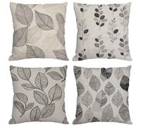 Outdoor Waterproof Cushion Covers 65x65 cm, Set of 4, Grey, Double-Sided Decorative Throw Pillow Cases for Sofa, Chair, Bed, Living Room, Bedroom, Car - Stylish Leaf Pattern
