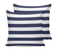 Outdoor Waterproof Pillow Covers for Patio Furniture Solid Nautical Striped Decorative Throw Pillow Cover Navy Blue Pillowcases Set of 2 Cushion Case for Sofa Couch Chair Home Decor 16 x 16 Inches