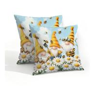 Outdoor Waterproof Pillow Covers Set of 2 - Patio Throw Pillow Cases 18 x 18 Inches Decorative Square Cushion Covers for Garden Beach Couch Porch Balcony(Gnomes Flower Bee)