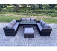 Outdoor Wicker Garden Furniture Rattan Lounge Sofa Set Patio Rectangular Dining Table Footstool 10 Seater Fimous Dark Grey One Size