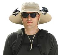Outdoor Wide Brim Sun Hat with 2 Solar Fan Sun Bucket Hat for Men Women UPF 50+ Bucket Fishing & Beach Hat with Fan Built in, Khaki, Medium-XX-Large