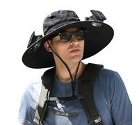 Outdoor Wide Brim Sun Hat with 2 Solar Fan Sun Bucket Hat for Men Women UPF 50+ Bucket Fishing & Beach Hat with Fan Built in, Black, Medium-XX-Large