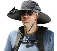 Outdoor Wide Brim Sun Hat with 2 Solar Fan Sun Bucket Hat for Men Women UPF 50+ Bucket Fishing & Beach Hat with Fan Built in, Dark Gray, Medium-XX-Large