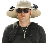 Outdoor Wide Brim Sun Hat with 2 Solar Fan Sun Bucket Hat for Men Women UPF 50+ Bucket Fishing & Beach Hat with Fan Built in, A Khaki, Medium-XX-Large