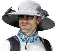 Outdoor Wide Brim Sun Hat with 2 Solar Fan Sun Bucket Hat for Men Women UPF 50+ Bucket Fishing & Beach Hat with Fan Built in, Z-light Grey, Medium-XX-Large