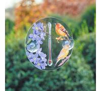 Outdoor Window Thermometer - Indoor Outdoor Home Garden Clear Circular Temperature Reader Gauge with Decorative Forget Me Knot Flower & Finch Bird Design - 16.5cm Diameter