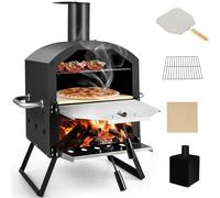 Outdoor Wood Fired Pizza Oven with Waterproof Cover, Pizza Maker and Grill with Pizza Stone for Cooking Pizza, Meat, Fish and Vegetables