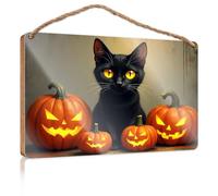 Outdoor Wood Plaque Porch Signs A Black Cat Surrounded by Carved Pumpkins Plaque for Front Door Restroom Decor(15X28CM)
