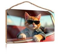 Outdoor Wood Plaque Porch Signs A Stylish Cat Wearing Sunglasses and A Denim Jacket Plaque for Front Door Restroom Decor(23X35CM)
