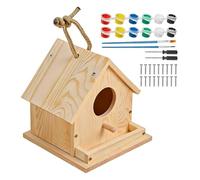 Outdoor Wooden Bird House, for Assembling and Painting, Includes Brush Colours Lime Wood, Small Wood, Self-Assembly & Decorating, Bird Feeder for Garden, Nursery, School, Birthday