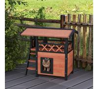 Outdoor Wooden Cat Shelter Puppy Kennel w/ Balcony Stairs PawHut Brown One Size