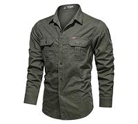 Outdoor Work Shirt for Men UK Cotton Regular Fit Long Sleeve Button Down Shirts Tops Casual Solid Color Standing Collar Combat Cargo Shirts with Two Chest Pockets Fashion Work Shirts for Everyday