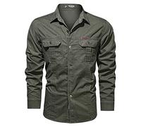 Outdoor Work Shirt for Men UK Cotton Regular Fit Long Sleeve Button Down Shirts Tops Casual Solid Color Standing Collar Combat Cargo Shirts with Two Chest Pockets Fashion Work Shirts for Everyday