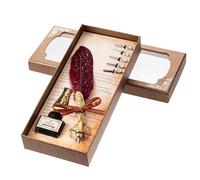 outdoorm Quill Pen and Ink Set Retro Feather Dip Ink Pen Set Vintage Calligraphy Writing Signature with 5 Replacement Nibs Pen Holder in Gift Box for Handwriting Student Friends (Red)