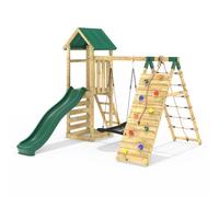 OutdoorToys Challenge Wooden Climbing Frame with Swings, Slide & Climbing wall in Green OutdoorToys Green