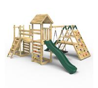 Rebo® Double Tower Climbing Frame with Flexible Bridge, Swing and Slide - Crestone | OutdoorToys | Pressure Treated Timber, Boat Style Swing Seat, Sturdy Wooden Construction