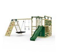 OutdoorToys NinjaPlay Climbing Frame Double Swing Set with Climbing Wall and Slide, Trapeze Bar & Boat