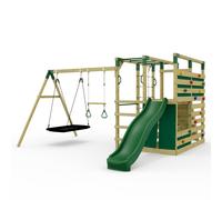OutdoorToys NinjaPlay Climbing Frame Double Swing Set with Slide, Trapeze Bar & Boat for Kids