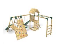 Rebo® Children's Wooden Climbing Frame with Swings, 2 Slides, Up and Over Climbing wall and Monkey Bars - Brecon | OutdoorToys | Pressure Treated Timber