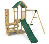 OutdoorToys Wooden Climbing Frame with Swing, Vertical Climbing Wall & Slide in Green OutdoorToys Green